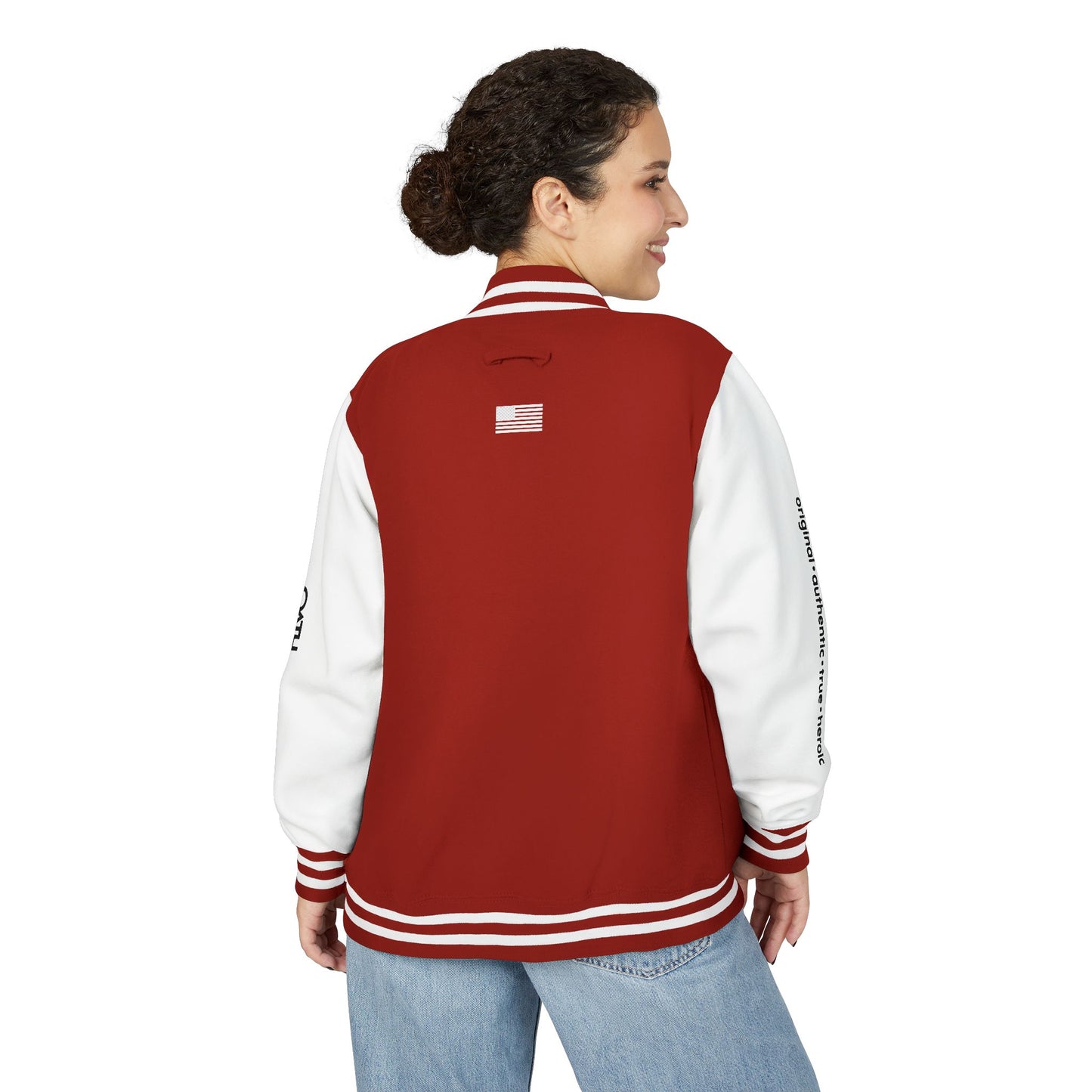 Unisex OATH Heavyweight Letterman Jacket - Red and White Classic Style with Text Design