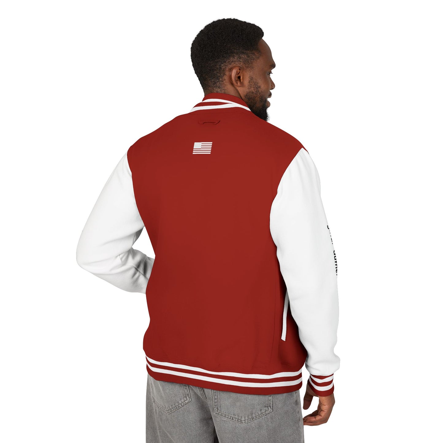 Unisex OATH Heavyweight Letterman Jacket - Red and White Classic Style with Text Design
