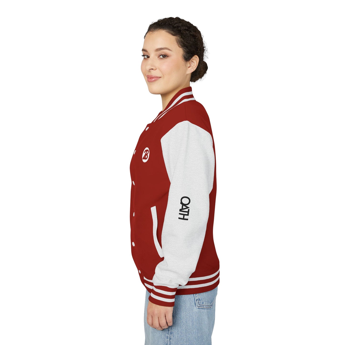 Unisex OATH Heavyweight Letterman Jacket - Red and White Classic Style with Text Design