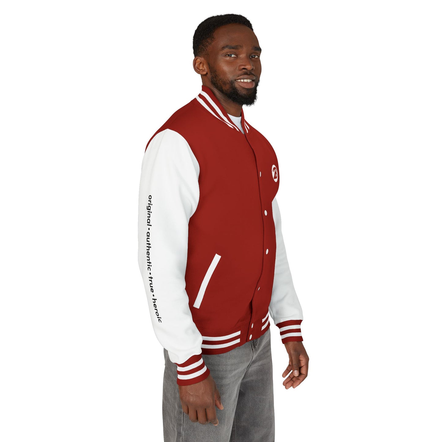 Unisex OATH Heavyweight Letterman Jacket - Red and White Classic Style with Text Design