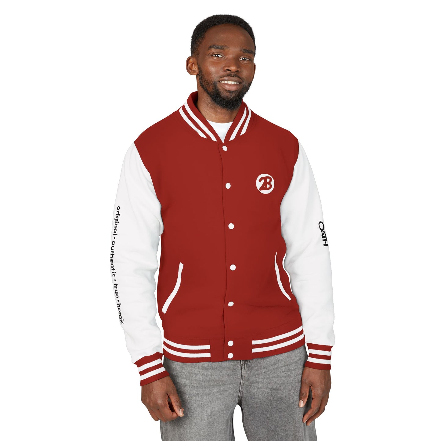 Unisex OATH Heavyweight Letterman Jacket - Red and White Classic Style with Text Design